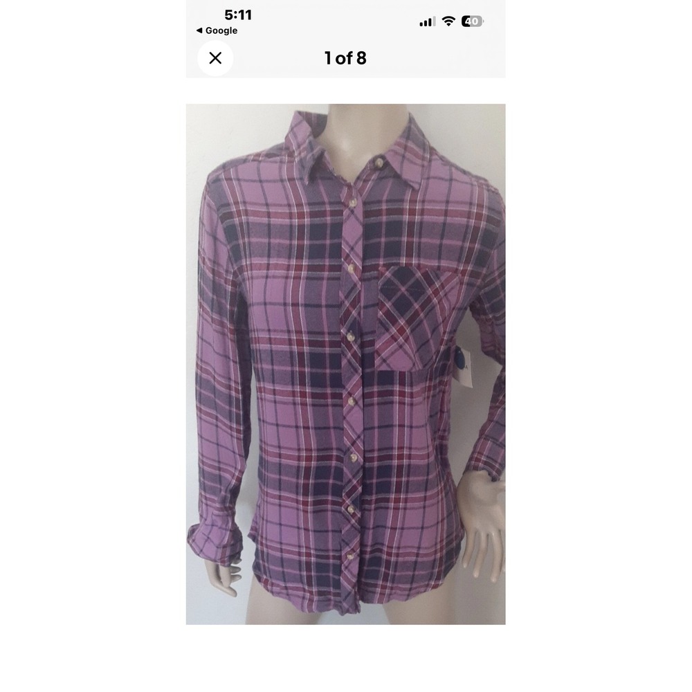 Arizona Jean Co Womens‎ Plaid Button Up Shirt Purple Blue Long Sleeve Casual Top